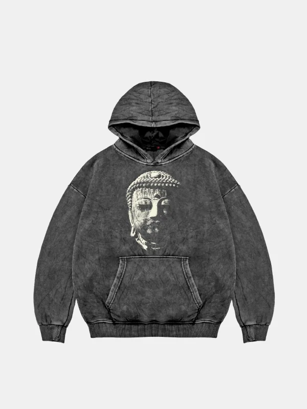 Buddha Baskılı Oversize Unisex Yıkamalı Siyah Hoodie