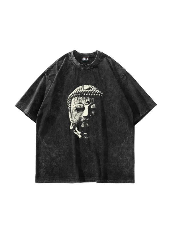 Buddha Baskılı Oversize Unisex Yıkamalı Siyah Tshirt