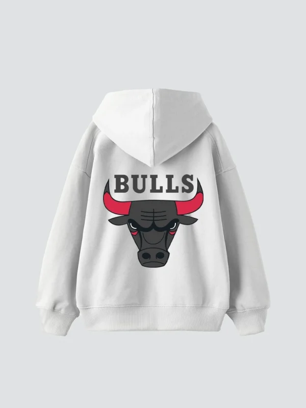 Bulls Baskılı Oversize Unisex Beyaz Hoodie