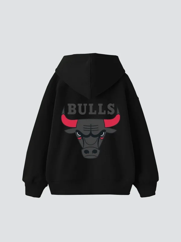 Bulls Baskılı Oversize Unisex Siyah Hoodie