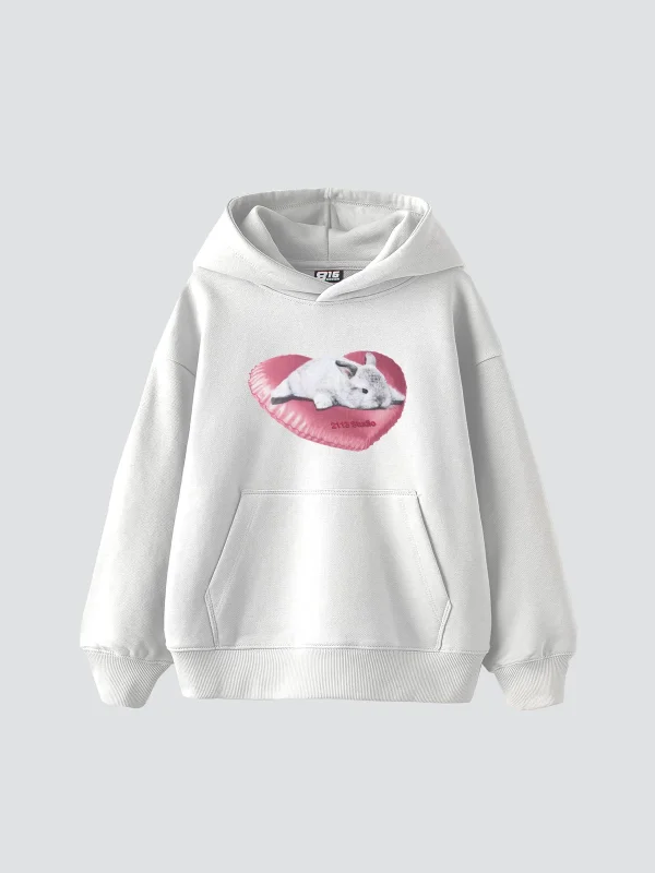 Bunny Baskılı Oversize Unisex Beyaz Hoodie