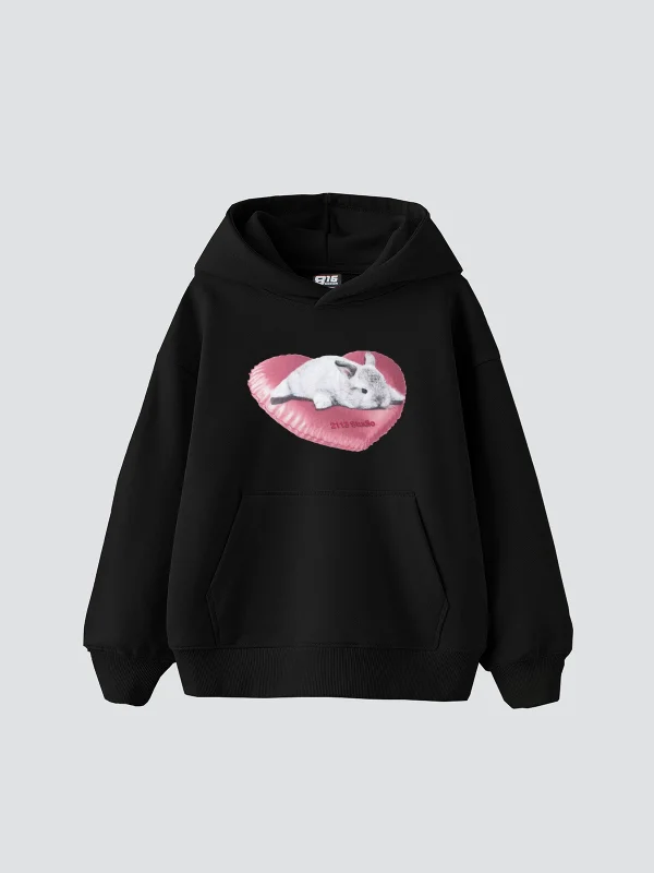 Bunny Baskılı Oversize Unisex Siyah Hoodie