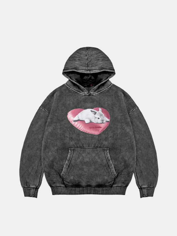 Bunny Oversize Unisex Yıkamalı Siyah Hoodie
