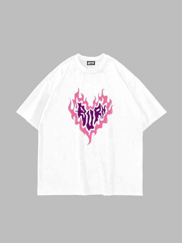 Burn Heart Baskılı Beyaz Unisex Oversize Tshirt