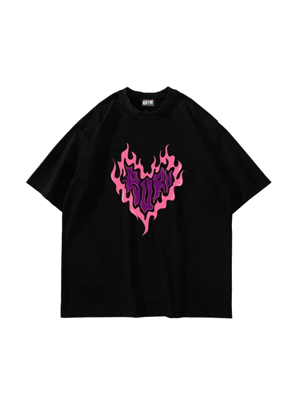 Burn Heart Baskılı Siyah Unisex Oversize Tshirt