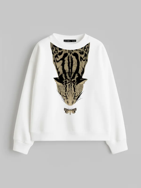 Butterfly Leopar Baskılı Kapüşonsuz Relaxed Fit Kadın Beyaz Sweatshirt