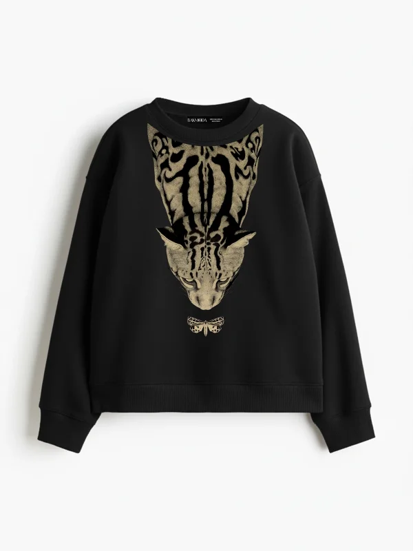 Butterfly Leopar Baskılı Kapüşonsuz Relaxed Fit Kadın Siyah Sweatshirt