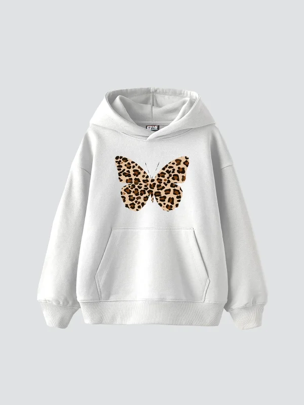 Kelebek Leopar Baskılı Oversize Unisex Premium Beyaz Hoodie