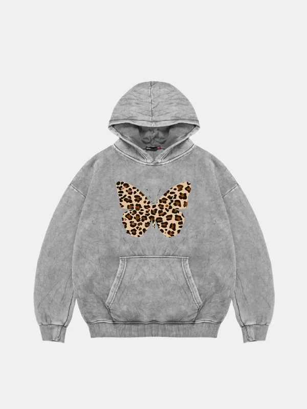 Butterfly Leopard Baskılı Oversize Unisex Premium Yıkamalı Beyaz Hoodie