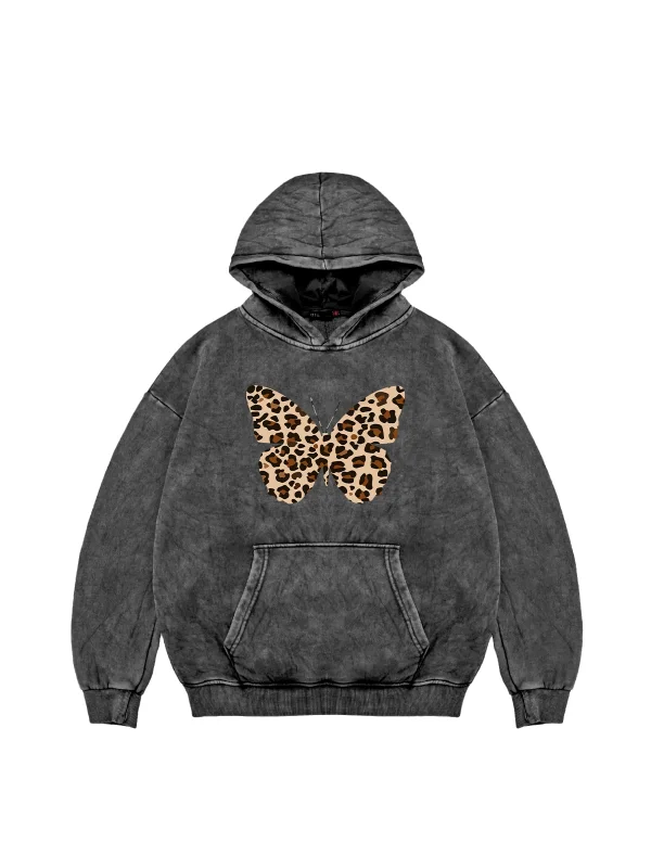 Kelebek Leopar Baskılı Oversize Unisex Premium Yıkamalı Siyah Hoodie