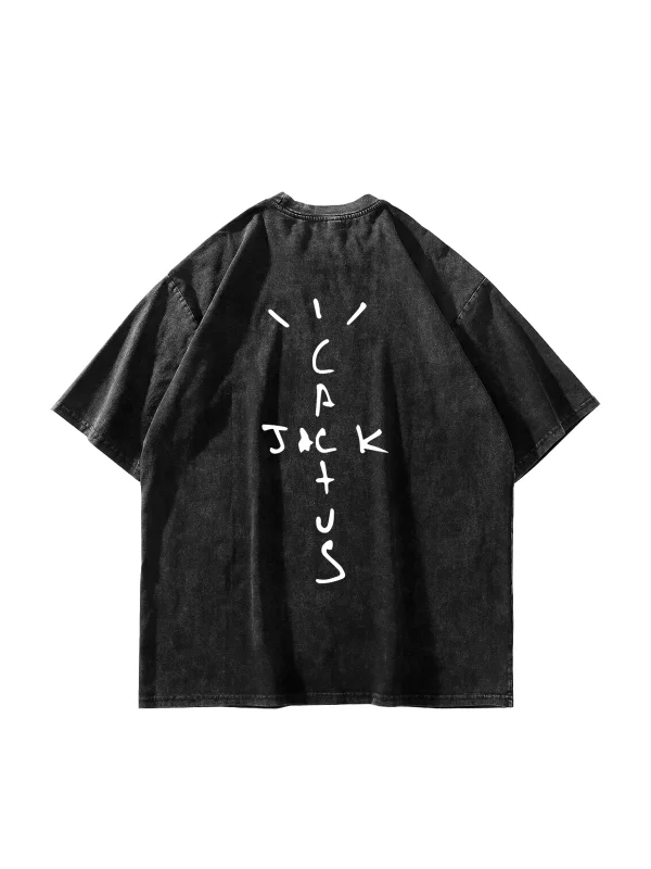Cactus Jack Baskılı Yıkamalı Siyah Unisex Oversize Tshirt
