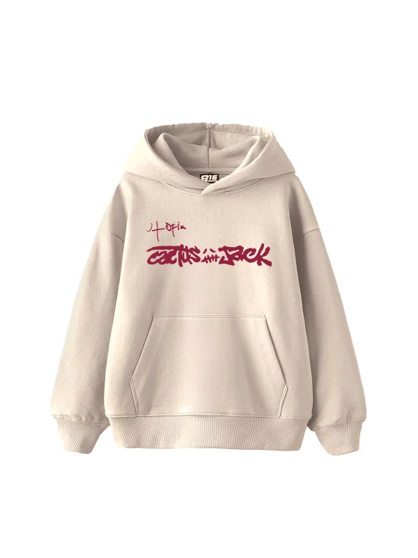 Utopia Cactus Jack Baskılı Oversize Unisex Bej Hoodie