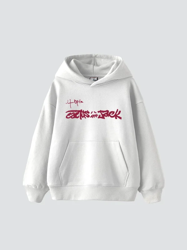 Utopia Cactus Jack Baskılı Oversize Unisex Beyaz Hoodie