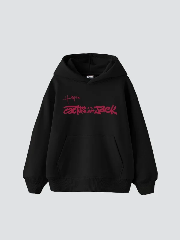 Utopia Cactus Jack Baskılı Oversize Unisex Siyah Hoodie