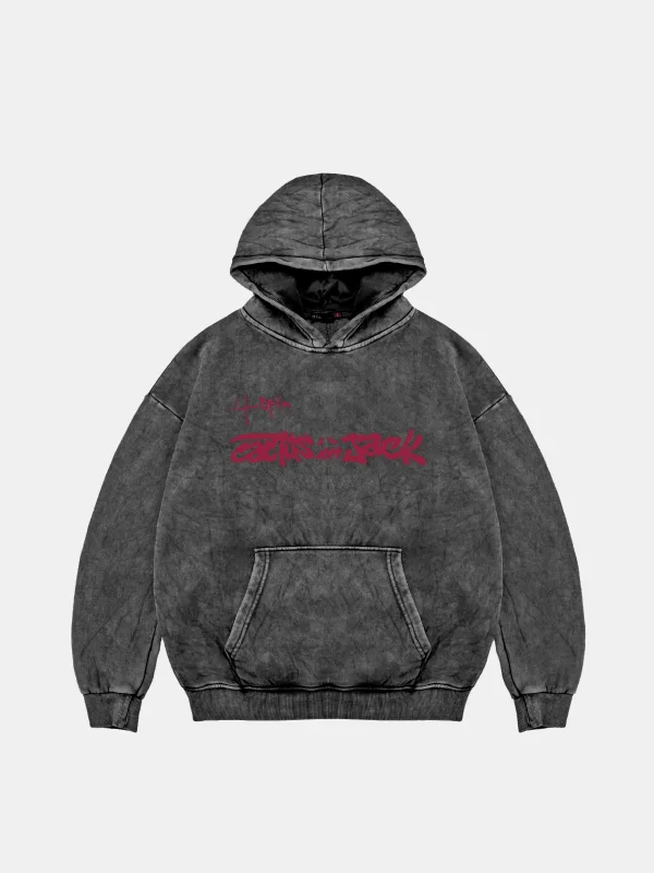Utopia Cactus Jack Baskılı Oversize Unisex Yıkamalı Siyah Hoodie