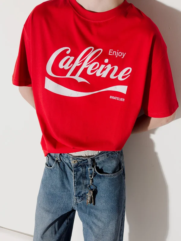 Caffeine Baskılı Oversize Unisex Kırmızı Tshirt