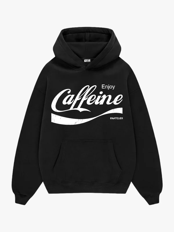 Caffeine Baskılı Oversize Unisex Siyah Hoodie