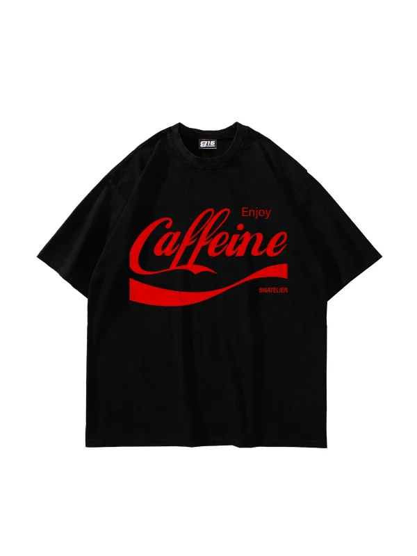 Caffeine Baskılı Oversize Unisex Siyah Tshirt