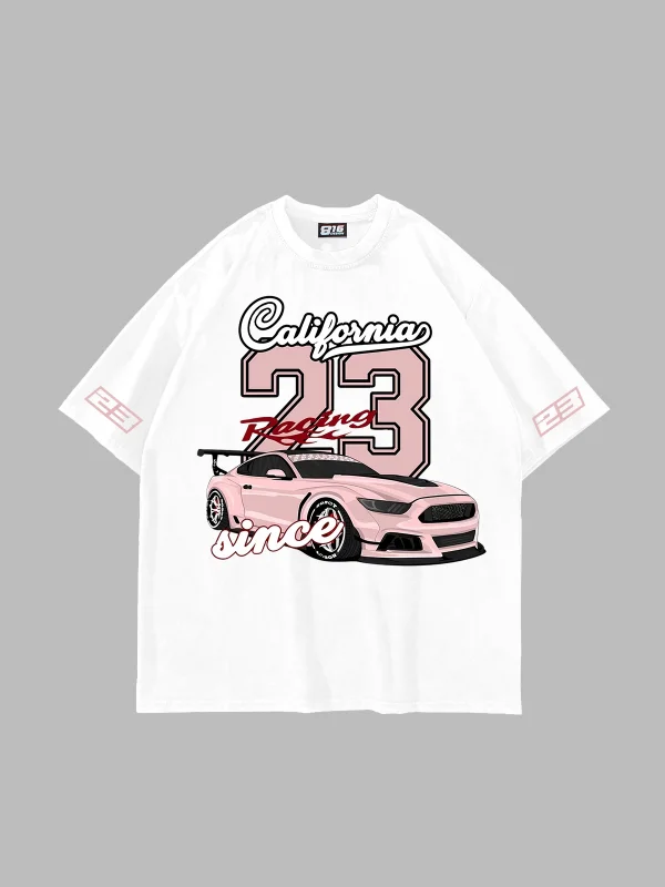 California Racing Baskılı Oversize Unisex Beyaz Tshirt
