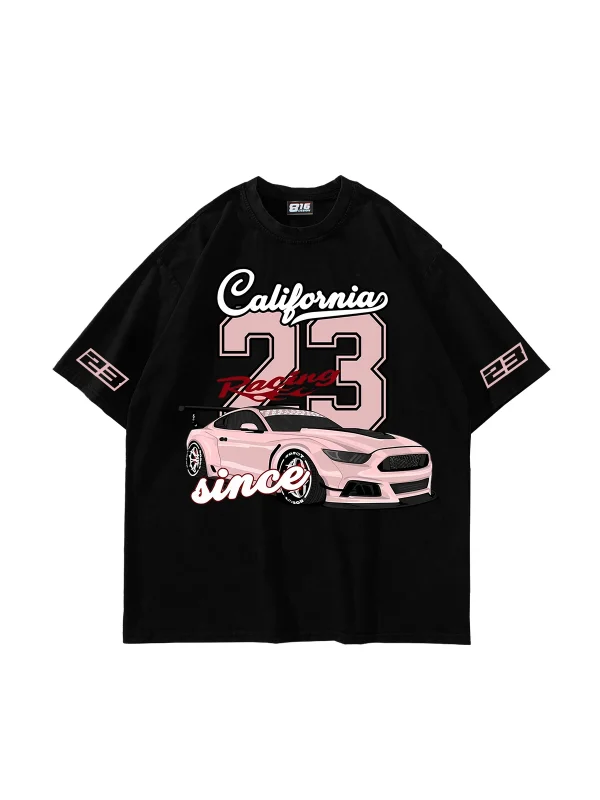 California Racing Baskılı Oversize Unisex Siyah Tshirt