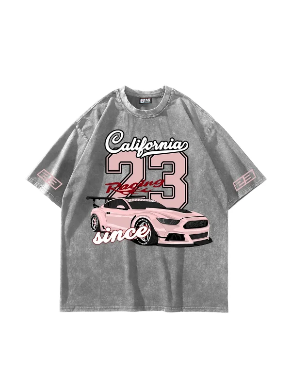 California Racing Baskılı Oversize Unisex Yıkamalı Beyaz Tshirt