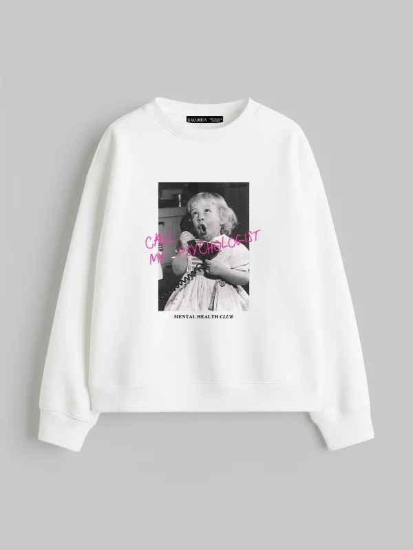 Call My Psychologist Baskılı Kapüşonsuz Relaxed Fit Kadın Beyaz Sweatshirt