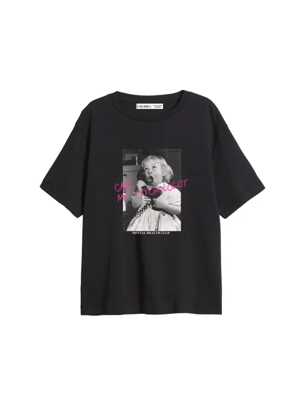 Call My Psychologist Baskılı Relaxed Fit Siyah Kadın Tshirt