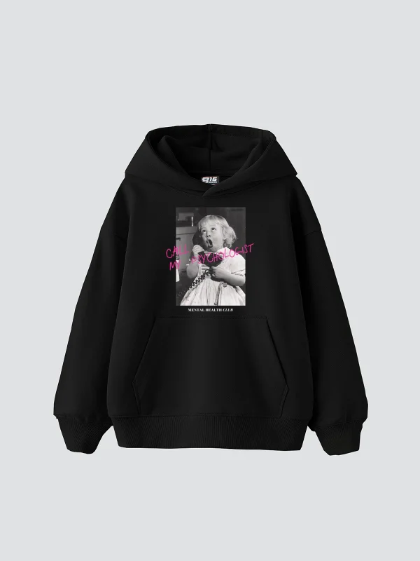 Call My Psychologist Vintage Baskılı Oversize Unisex Siyah Hoodie
