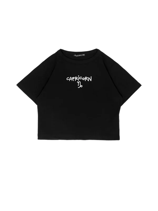 Capricorn Baskılı Siyah Crop Top