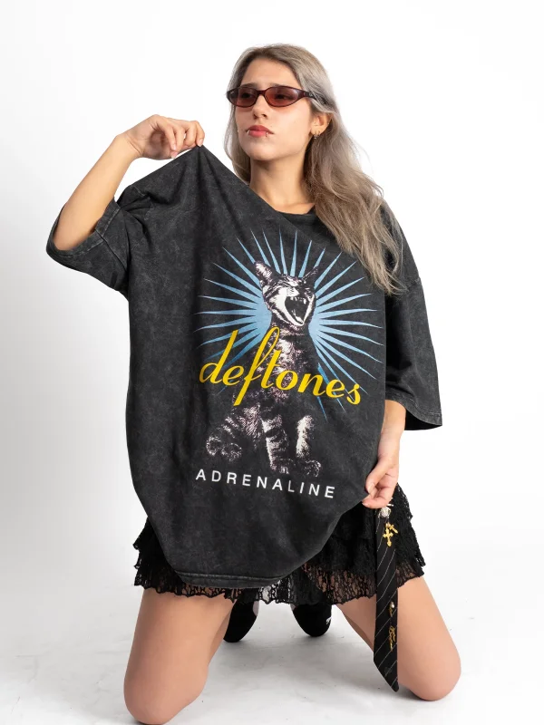 Cat Adrenaline Baskılı Yıkamalı Siyah Oversize Unisex Tshirt