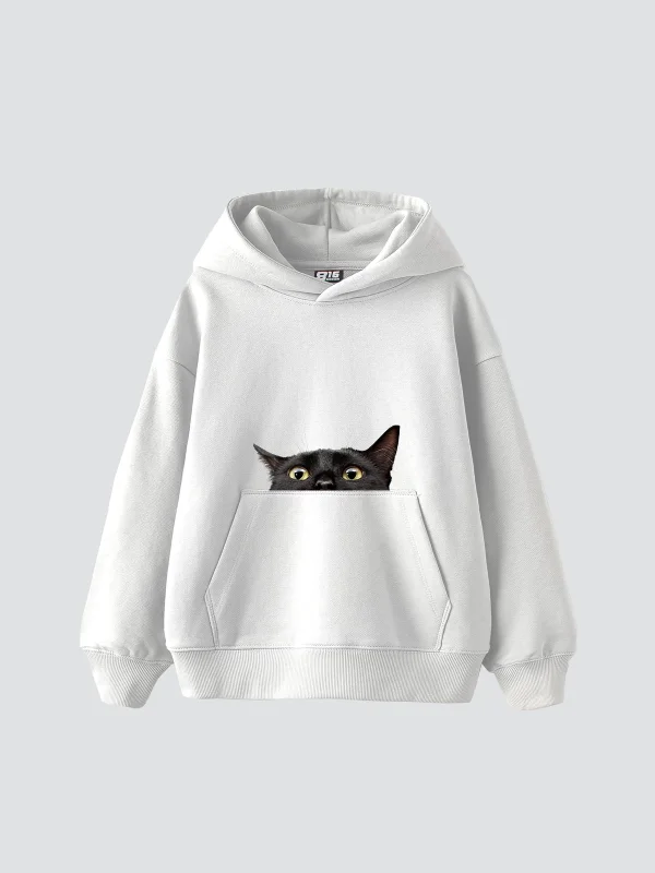 Black Cat Baskılı Oversize Unisex Premium Beyaz Hoodie