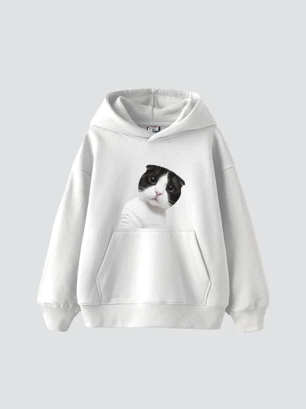 Cat Jeykıp Baskılı Oversize Unisex Beyaz Hoodie