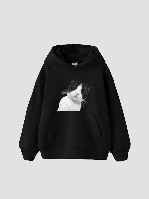 Cat Jeykıp Baskılı Oversize Unisex Siyah Hoodie