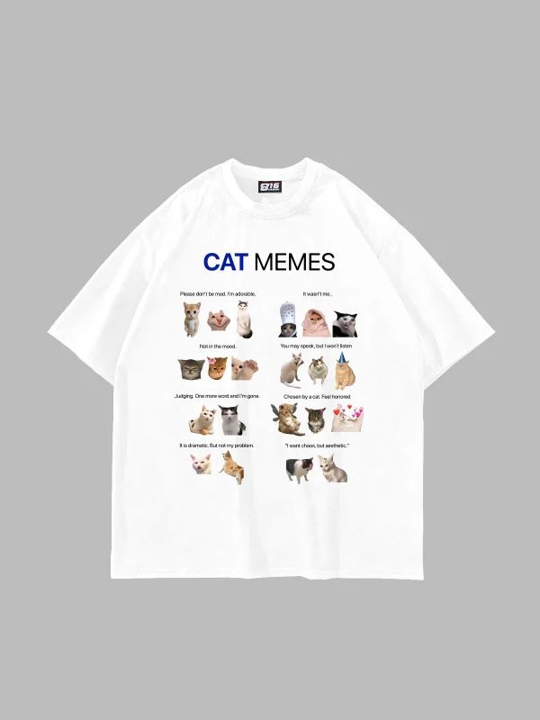 Cat Memes Baskılı Oversize Unisex Beyaz Tshirt