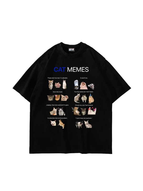 Cat Memes Baskılı Oversize Unisex Siyah Tshirt