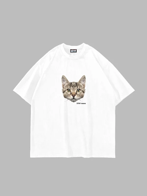 Cat Stay Meow Baskılı Oversize Unisex Beyaz Tshirt