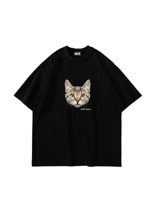 Cat Stay Meow Baskılı Oversize Unisex Siyah Tshirt