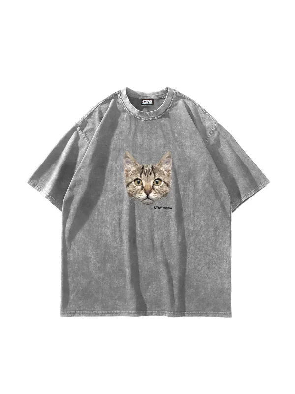 Cat Stay Meow Baskılı Oversize Unisex Yıkamalı Beyaz Tshirt