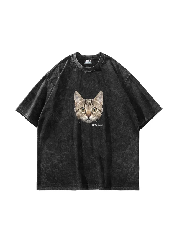 Cat Stay Meow Baskılı Oversize Unisex Yıkamalı Siyah Tshirt