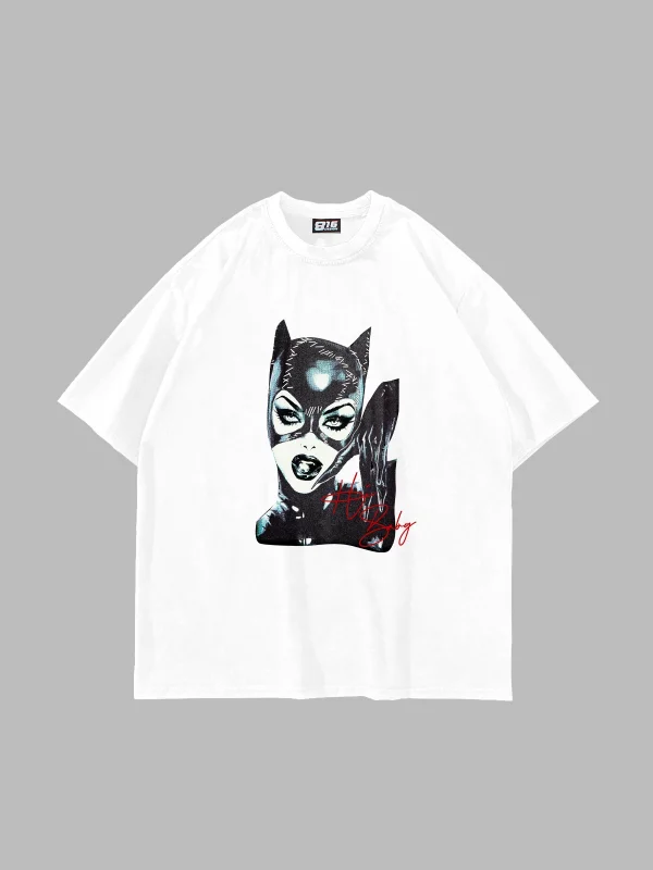 Cat Woman Baskılı Oversize Unisex Beyaz Tshirt
