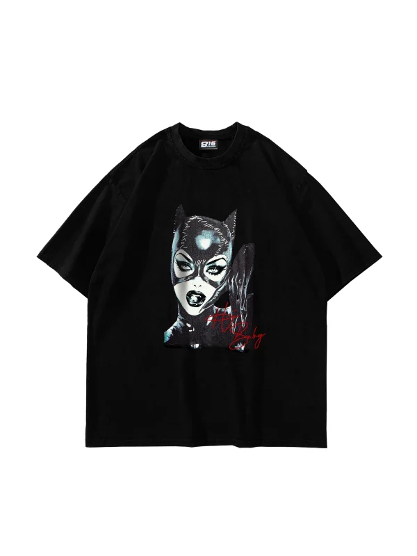 Cat Woman Baskılı Oversize Unisex Siyah Tshirt