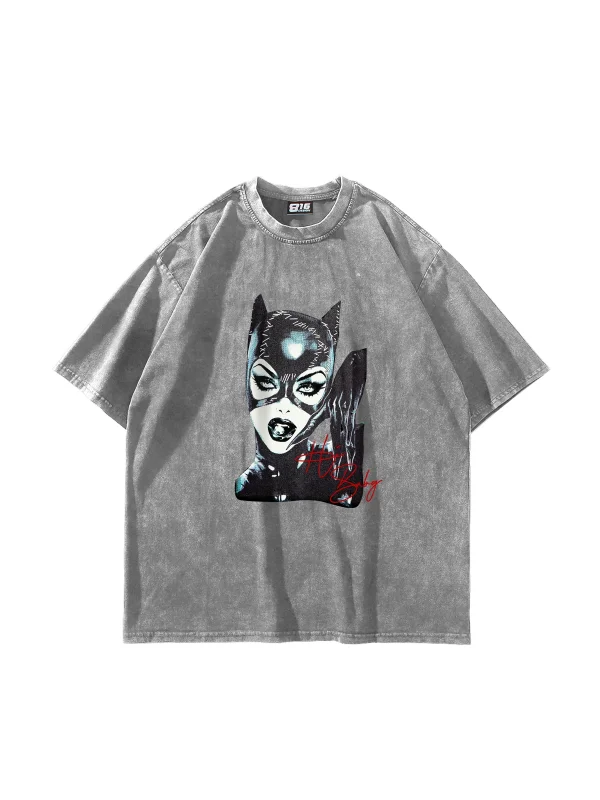 Cat Woman Baskılı Oversize Unisex Yıkamalı Beyaz Tshirt