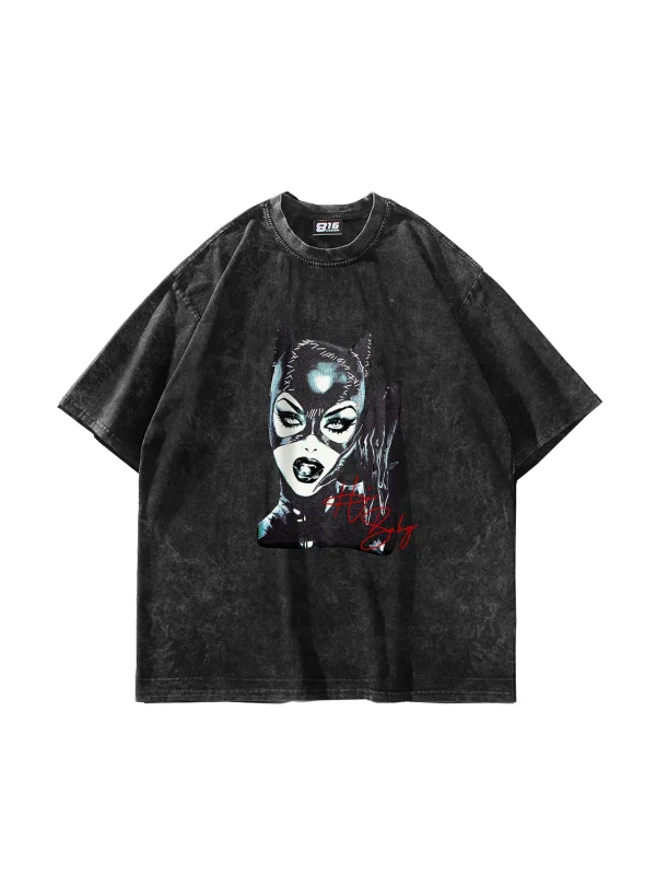 Cat Woman Baskılı Oversize Unisex Yıkamalı Siyah Tshirt