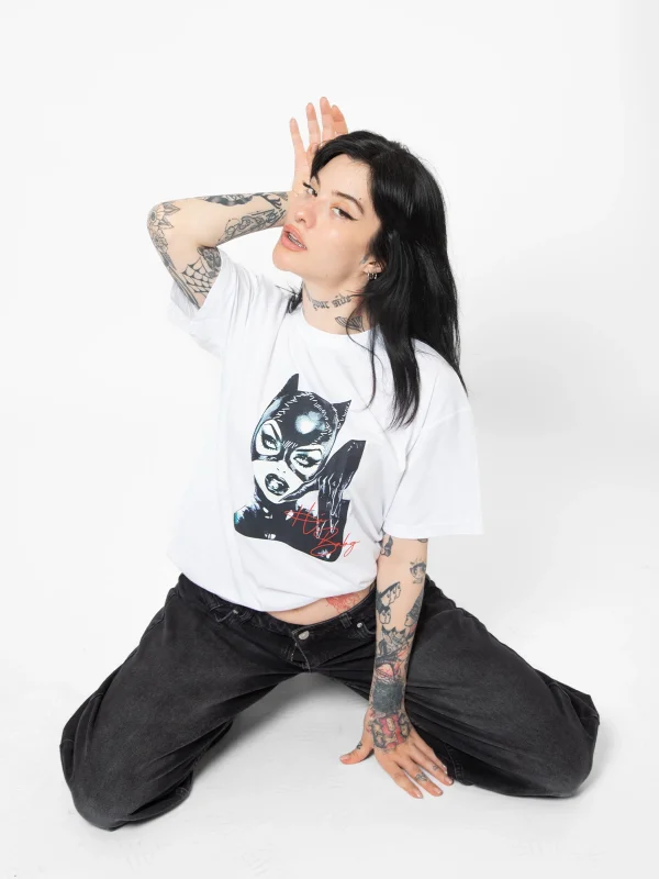 Cat Woman Baskılı Relaxed Fit Beyaz Kadın Tshirt