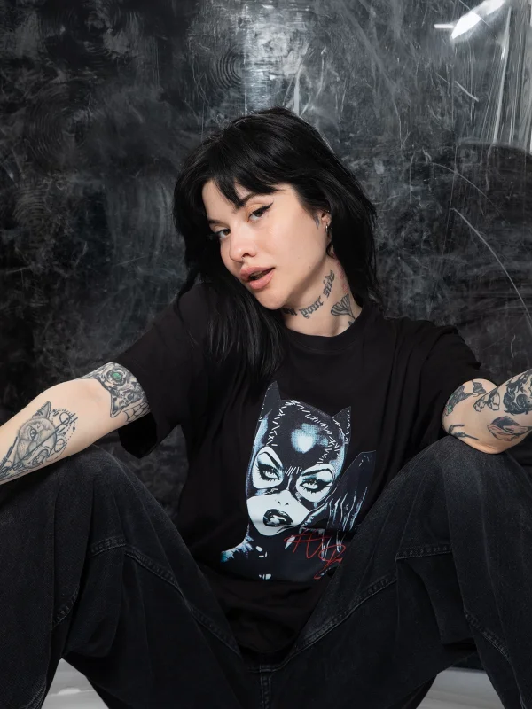 Cat Woman Baskılı Relaxed Fit Siyah Kadın Tshirt