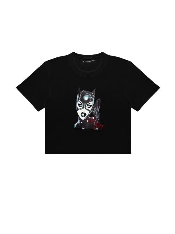 Cat Woman Baskılı Siyah Crop Top
