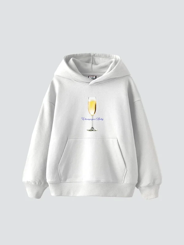 Champagne B. Baskılı Oversize Unisex Premium Beyaz Hoodie