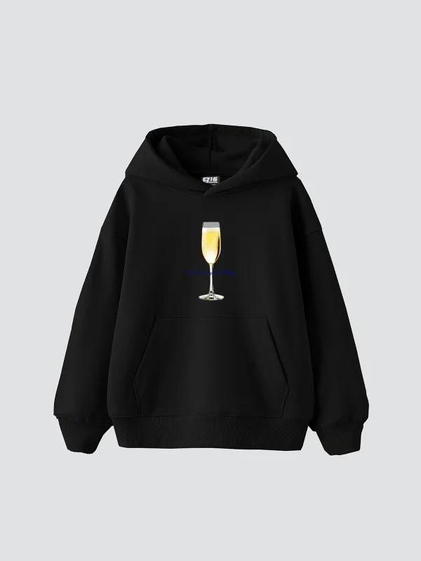 Champagne B. Baskılı Oversize Unisex Premium Siyah Hoodie