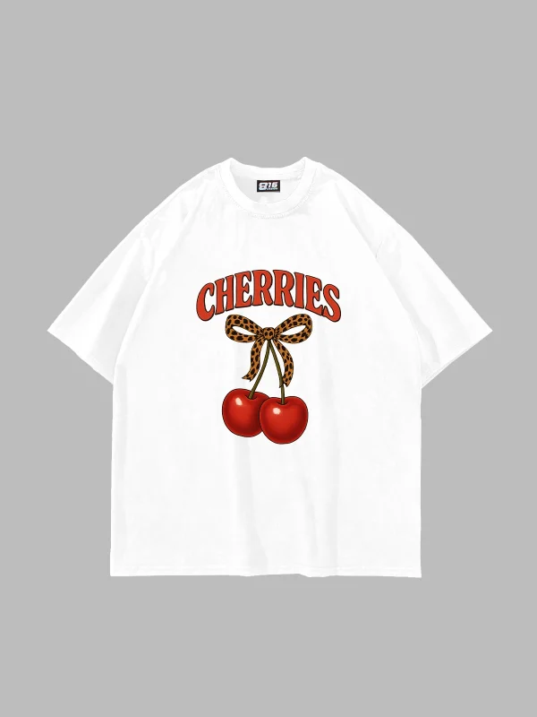 Cherries Baskılı Oversize Unisex Beyaz Tshirt