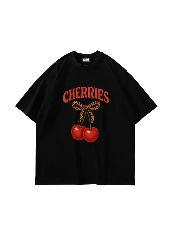 Cherries Baskılı Oversize Unisex Siyah Tshirt
